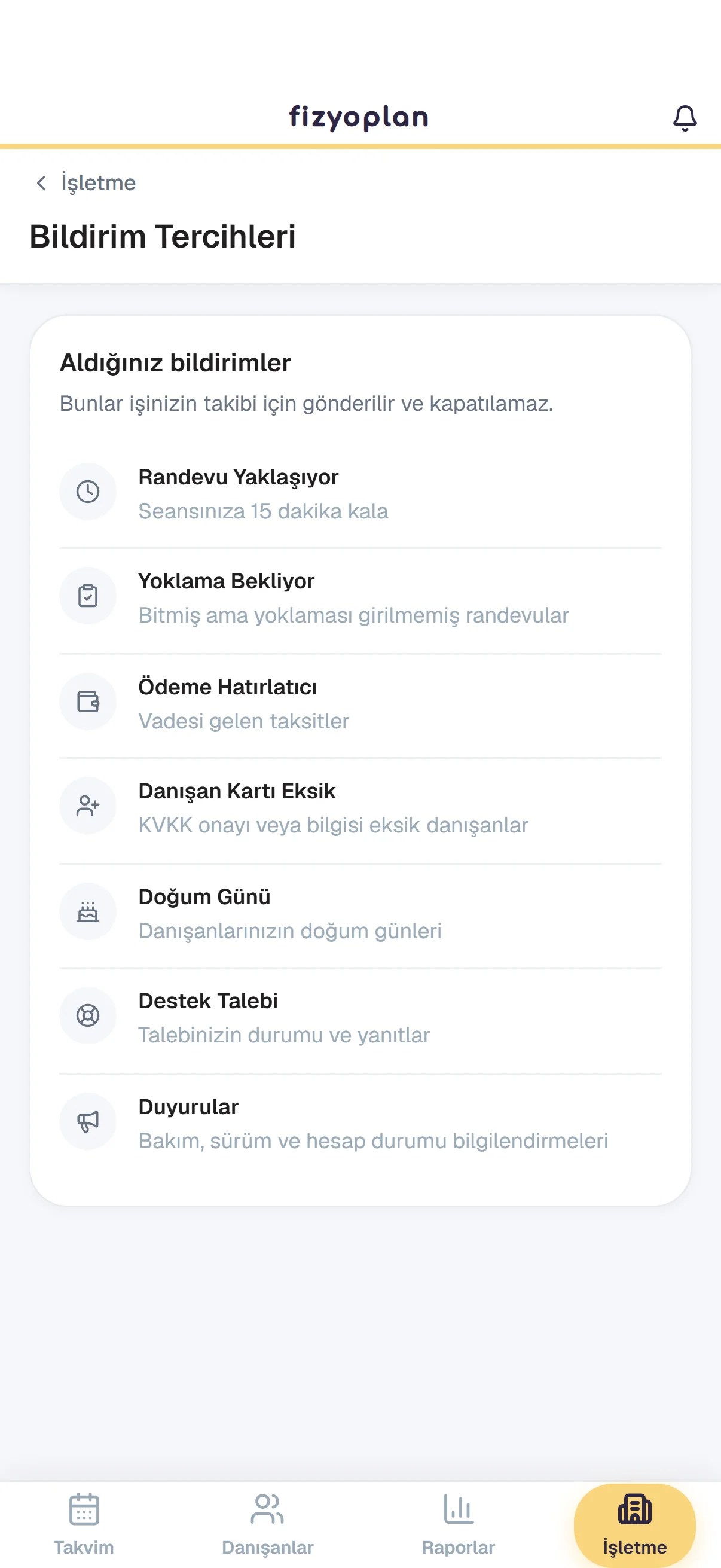 Bildirimler ve WhatsApp hatırlatmaları ekranı