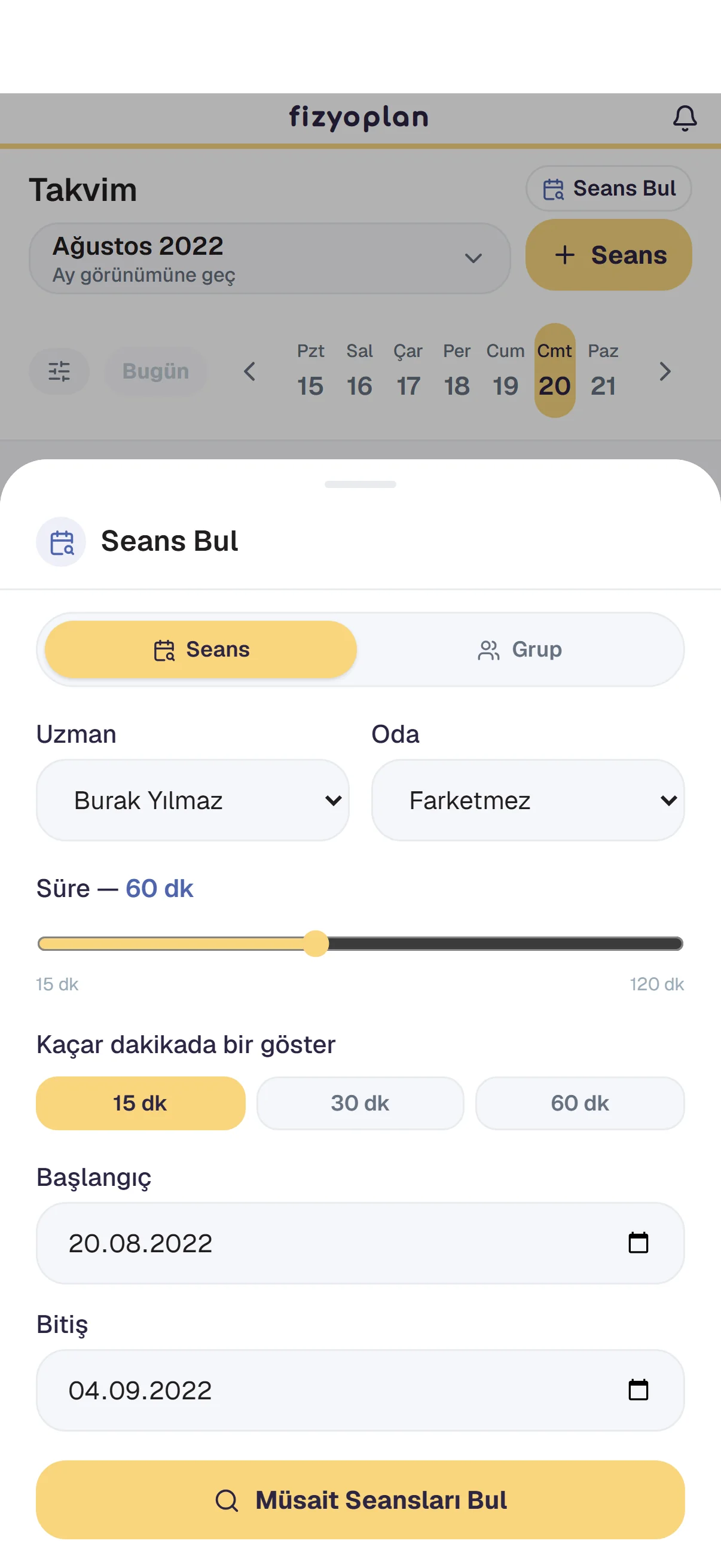 Uygun seansları ve grupları bulan sistem ekranı